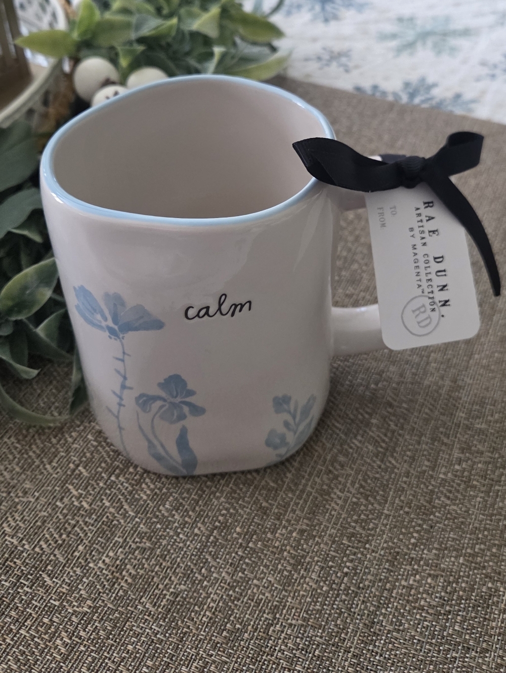 Rae Dunn 'calm' Floral Mug - White and Light Blue
